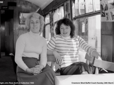 Sunday 24th March 1985. Kath Chard and Caroline in the buffet coach.